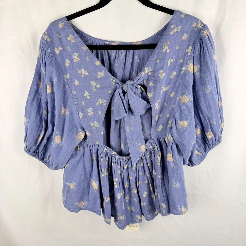 Free People Chloe Floral Print Indigo Combo Open Back Top Medum Boho Flowy NWT‎